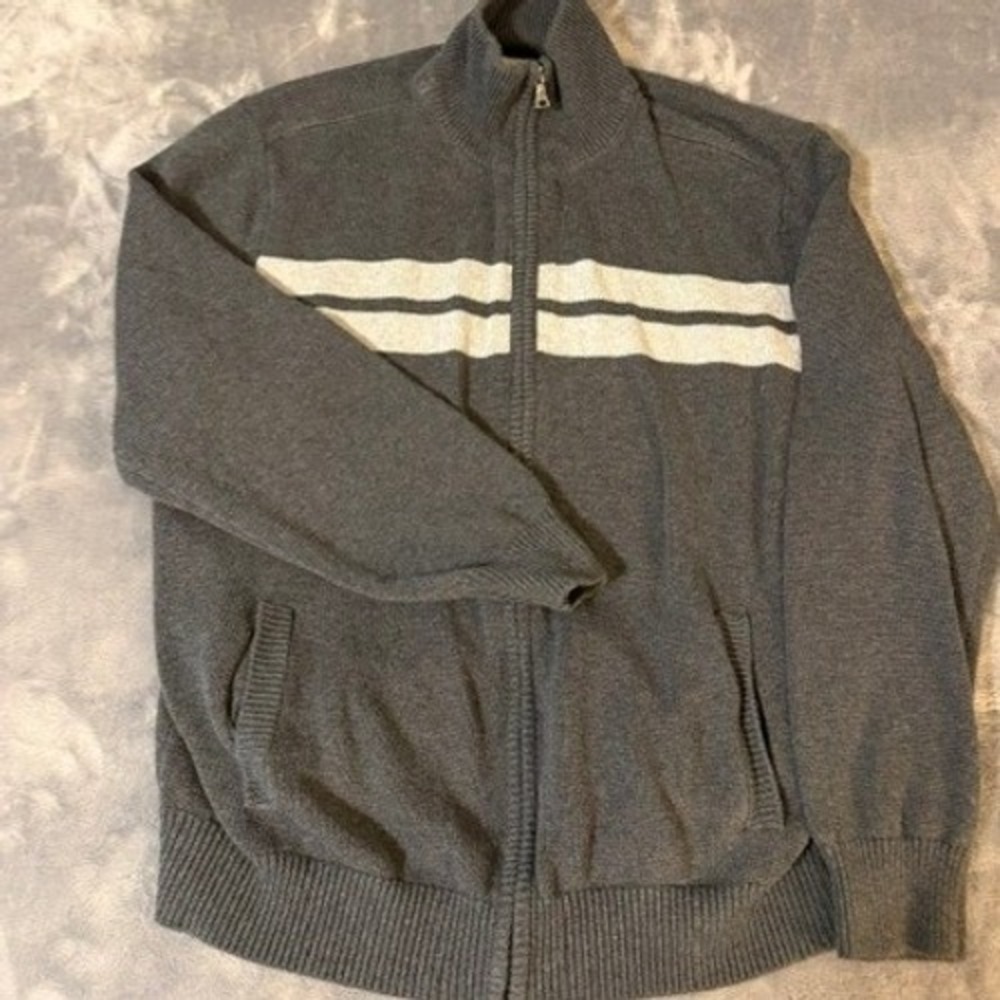 St. John's Bay Sweater Full Zip Mens XL Grey Striped Mock Neck Casual Pocket